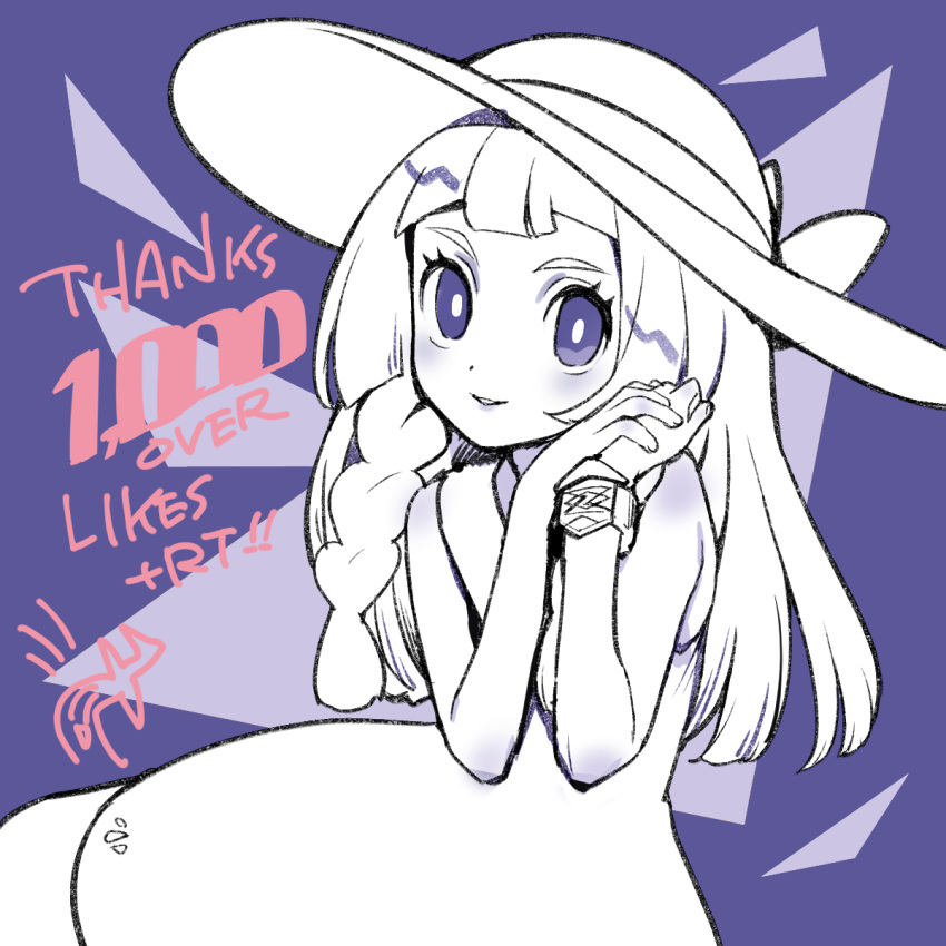1girl blunt_bangs bracelet braid bright_pupils dress eyelashes hands_up hat hat_ribbon highres jewelry kinocopro lillie_(pokemon) long_hair looking_at_viewer milestone_celebration parted_lips pokemon pokemon_(game) pokemon_sm purple_background ribbon sleeveless sleeveless_dress smile solo sun_hat thank_you twin_braids violet_eyes white_pupils z-ring