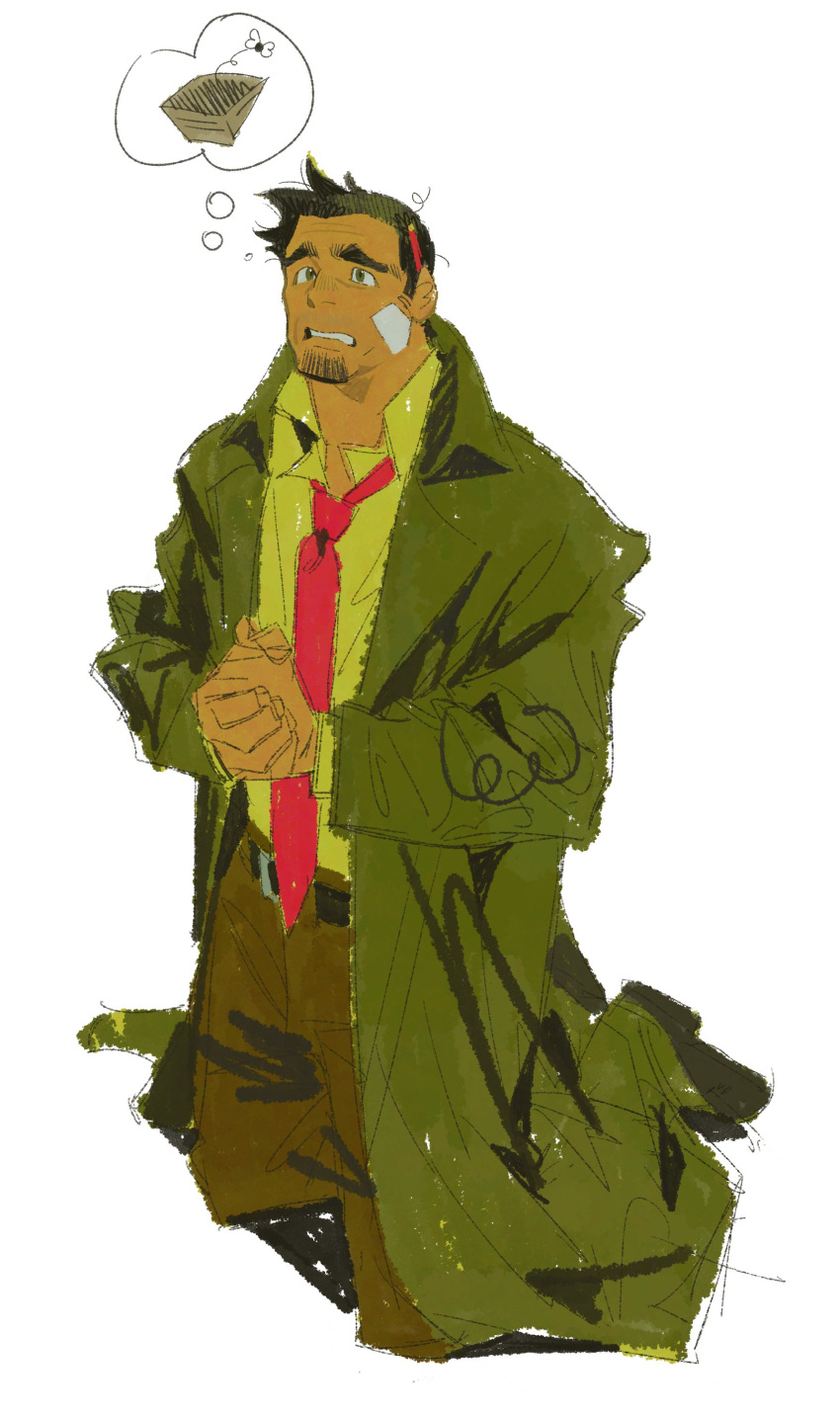 1boy absurdres ace_attorney bandaid bandaid_on_cheek bandaid_on_face bug coat cropped_legs dick_gumshoe fly furrowed_brow goatee_stubble green_coat highres looking_ahead male_focus mature_male messy_hair mr_kasuy necktie own_hands_together palms_together pencil_behind_ear poverty red_necktie short_hair sideburns sketch thought_bubble worried