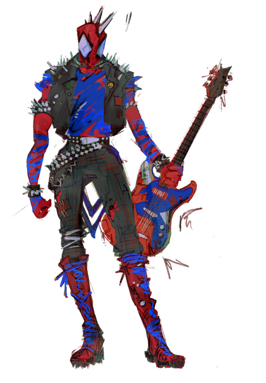 boots electric_guitar guitar highres holding holding_instrument instrument kadzu3 looking_at_viewer marvel mask simple_background spider-man:_across_the_spider-verse spider-man_(series) spider-punk spikes standing vest