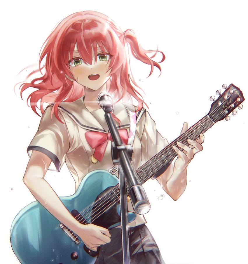1girl black_skirt bocchi_the_rock! electric_guitar green_eyes guitar hair_between_eyes highres holding holding_instrument instrument kita_ikuyo long_hair microphone microphone_stand music one_side_up open_mouth playing_instrument pleated_skirt redhead sailor_collar school_uniform short_sleeves simple_background skirt solo upper_body white_background zuzu_(wckd7545)