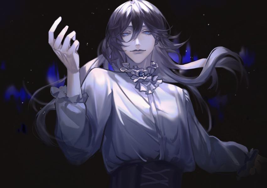 1boy absurdres arm_up bai_liu brown_hair corset frilled_shirt_collar frilled_sleeves frills gem highres i_became_a_god_in_a_horror_game long_hair looking_at_viewer male_focus shengshu492 solo upper_body