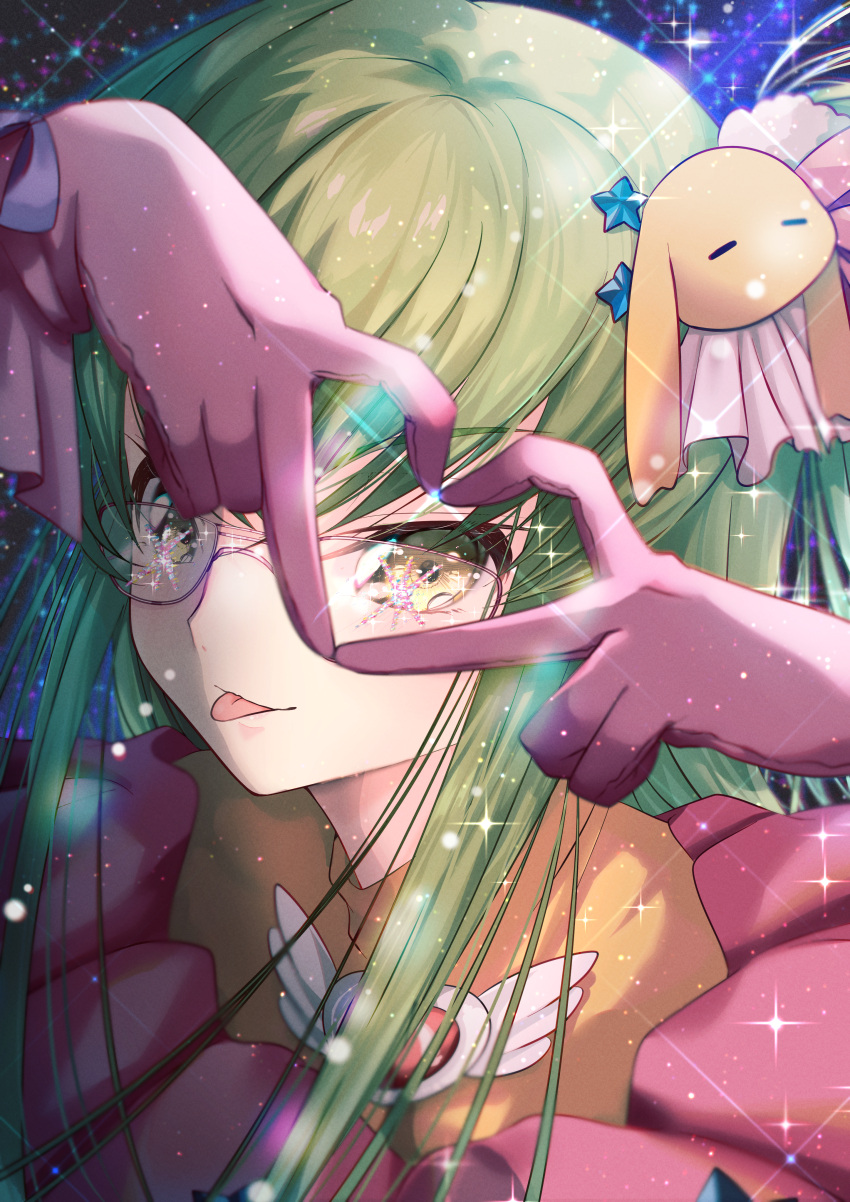 1girl :p absurdres blurry brooch budgiepon c.c. close-up closed_mouth code_geass commentary cosplay depth_of_field eyelashes glasses gloves grey_hair hair_ornament hair_ribbon hands_up heart heart_brooch heart_hands highres hoshino_ai's_pose hoshino_ai_(oshi_no_ko) hoshino_ai_(oshi_no_ko)_(cosplay) idol jewelry light_particles long_hair looking_at_viewer nose oshi_no_ko pink-framed_eyewear pink_gloves rabbit_hair_ornament red_brooch ribbon sidelocks smile solo sparkle star_(symbol) star_hair_ornament star_sticker straight_hair tongue tongue_out white_ribbon wing_ornament yellow_eyes