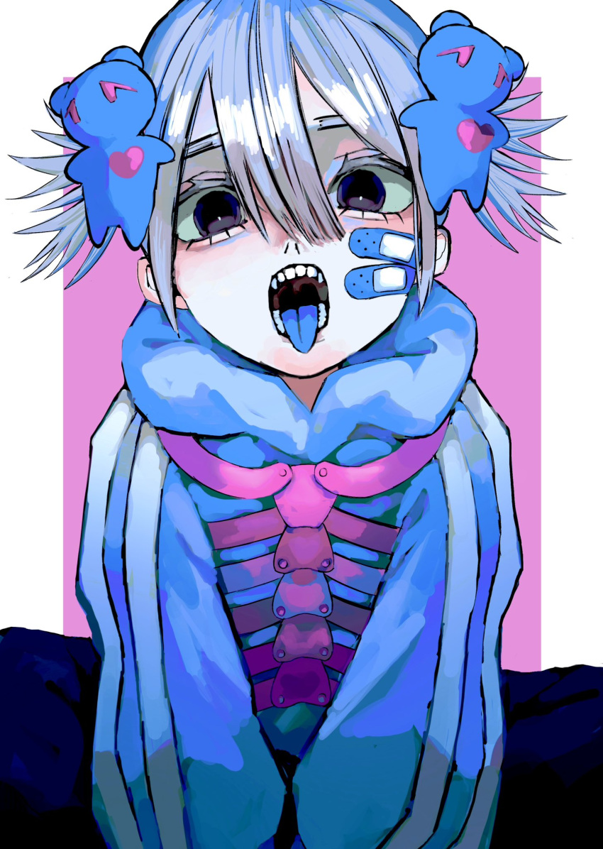 1girl bandaid bandaid_on_cheek bandaid_on_face between_legs black_eyes black_pants blue_hair blue_hoodie blue_tongue border colored_tongue double_vertical_stripe hair_between_eyes hair_ornament hand_between_legs highres hood hood_down hoodie indian_style light_blue_hair long_bangs long_sleeves looking_at_viewer open_mouth original pants pink_background short_hair short_twintails simple_background sitting skeleton solo straight-on teddy_bear_hair_ornament teeth tongue tongue_out twintails upper_body urokogaran white_border