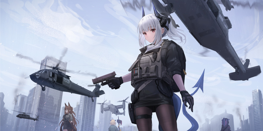 aircraft animal_ears arknights backpack bag black_gloves black_jacket black_pantyhose black_skirt blonde_hair blue_hair brown_hair building bulletproof_vest city closed_mouth commentary_request dragon_girl dragon_horns dragon_tail expressionless franka_(arknights) gloves grey_hair gun handgun helicopter highres holding holding_gun holding_weapon horns jacket jessica_(arknights) liskarm_(arknights) liskarm_(overload)_(arknights) long_hair looking_at_viewer official_alternate_costume outdoors pantyhose ponytail red_eyes skirt skyscraper solo_focus sthk tactical_clothes tail thigh_strap vanilla_(arknights) weapon