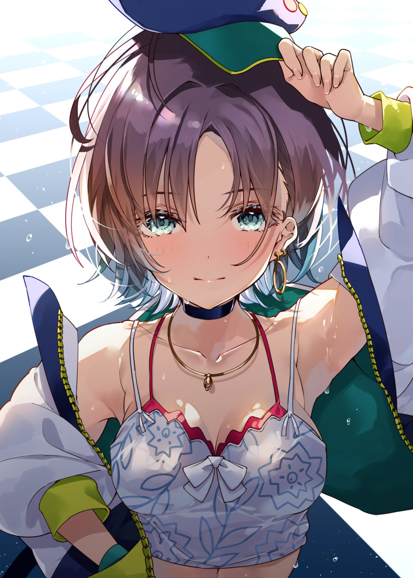 1girl absurdres ahoge aqua_eyes aqua_hair armpits asakura_toru bare_shoulders baseball_cap checkered_floor choker commentary_request earrings gradient_hair grey_hair hat headwear_removed highres hoop_earrings idolmaster idolmaster_shiny_colors jacket jewelry long_sleeves multicolored_hair necklace open_clothes open_jacket parted_bangs puni_(punycolors) short_hair solo spaghetti_strap sweat tank_top two-tone_hair upper_body white_jacket