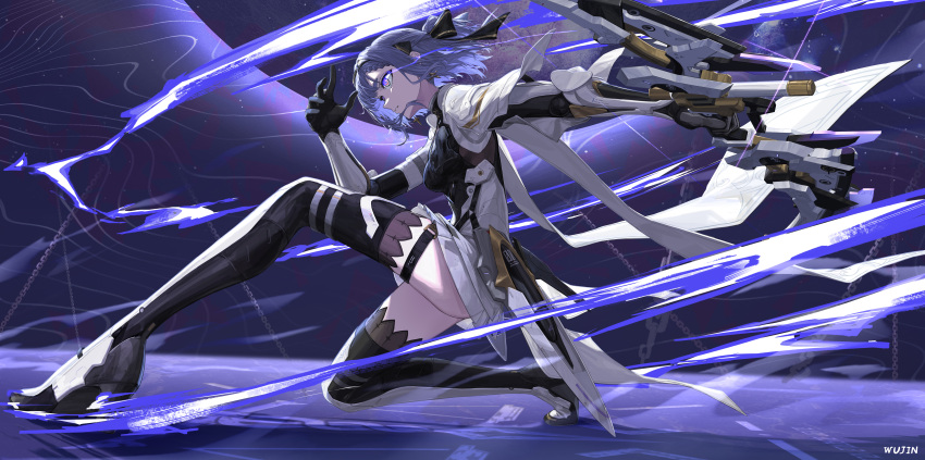 absurdres belt boots bow bow_(weapon) commentary_request echo_(punishing:_gray_raven) gloves hair_bow highres kneeling looking_at_viewer mechanical_parts on_one_knee profile punishing:_gray_raven purple_hair short_hair violet_eyes weapon wu_lun_wujin