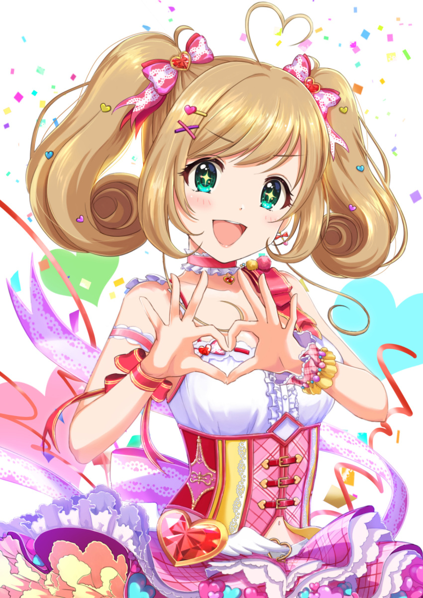 +_+ 1girl :d ahoge bare_shoulders blonde_hair blush bow breasts brown_hair choker collarbone confetti corset cowboy_shot dot_nose dress earrings frilled_dress frills green_eyes hair_bow hair_ornament hair_ribbon hairclip hands_up heart heart_background heart_earrings heart_hair_ornament heart_hands highres idolmaster idolmaster_cinderella_girls idolmaster_cinderella_girls_starlight_stage jewelry large_breasts layered_dress long_hair looking_at_viewer midriff_peek multicolored_background navel open_mouth pink_dress plaid plaid_dress red_armband red_choker red_corset red_ribbon red_sash ribbon sash sato_shin scrunchie sleeveless sleeveless_dress smile solo standing teeth tomato_(kiiroitomato33) tongue twintails two-tone_scrunchie upper_teeth_only v-shaped_eyebrows wing_ornament wrist_ribbon wrist_scrunchie
