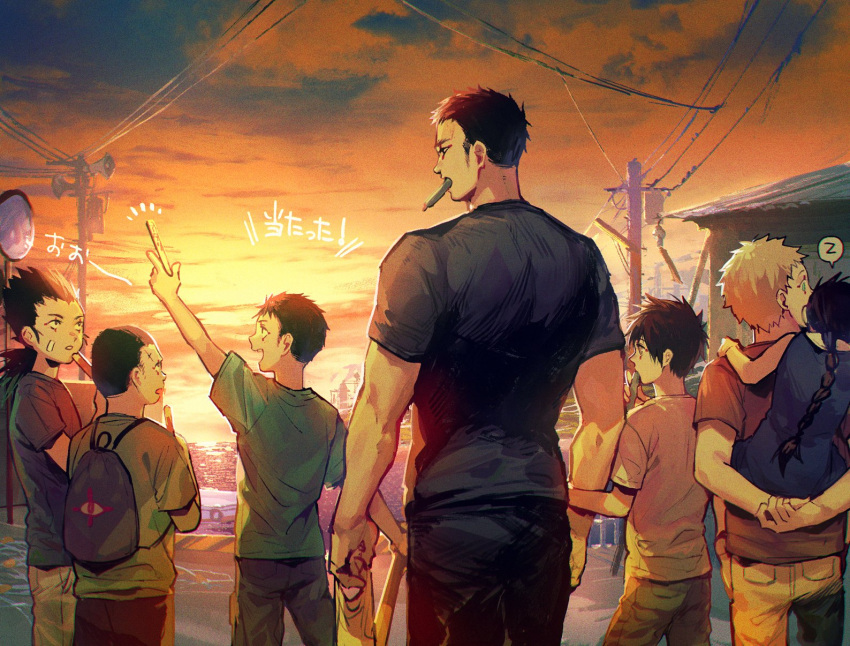 black_hair carrying character_request city clouds dokuga dorohedoro eye_tattoo food food_in_mouth highres holding_another's_arm kai_(dorohedoro) motion_lines multiple_boys orange_sky outdoors panco piggyback popsicle popsicle_in_mouth short_hair sideburns sky spoken_zzz sunset tetsujo translation_request zzz