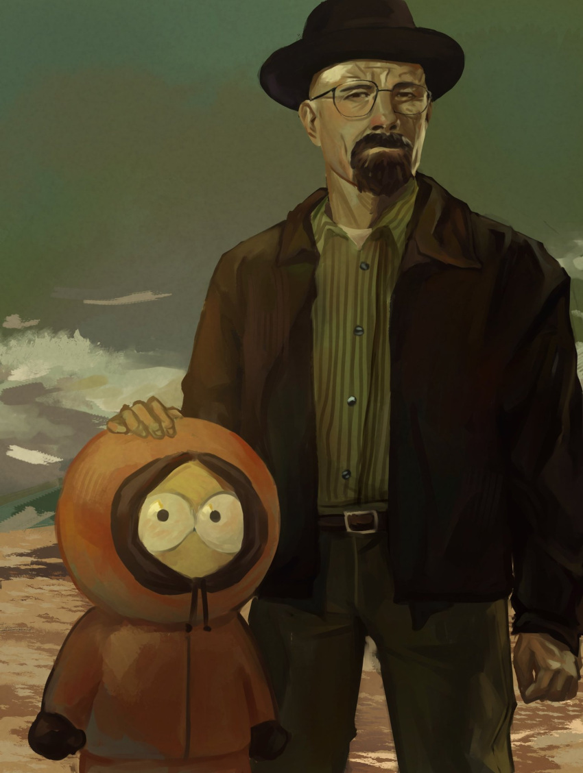 2boys belt breaking_bad brown_jacket brown_pants clouds coat commentary covered_mouth cowboy_shot crossover facial_hair goatee hand_on_another's_head hat height_difference highres jacket kenny_mccormick legs_apart male_focus multiple_boys nicoikn orange_coat outdoors pants serious south_park standing symbol-only_commentary walter_white wing_collar