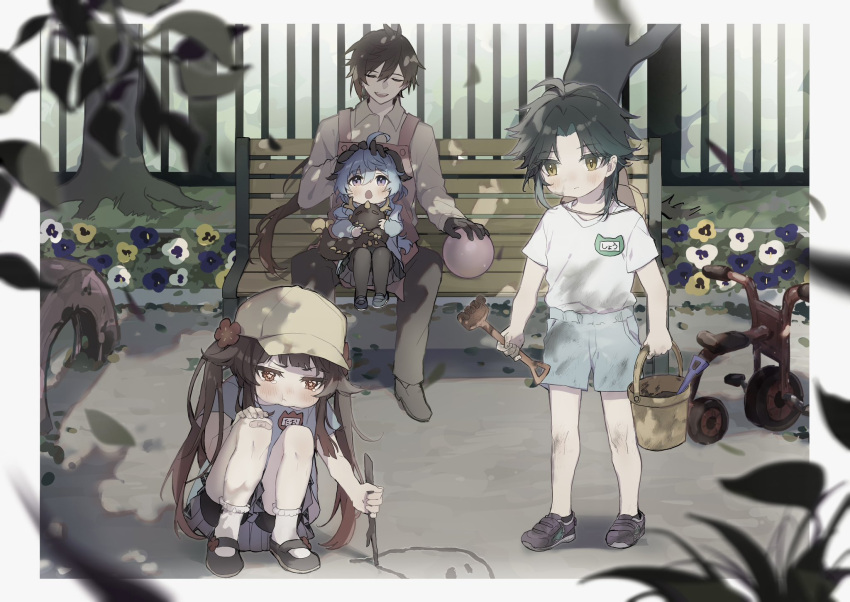 2boys 2girls aged_down ahoge baby_carrier bench black_gloves blue_hair bucket closed_eyes dirty dirty_clothes dirty_face facial_mark falling_leaves flower-shaped_pupils forehead_mark ganyu_(genshin_impact) genshin_impact gloves gradient_hair hand_on_another's_head highres holding holding_bucket holding_stick hu_tao_(genshin_impact) leaf multicolored_hair multiple_boys multiple_girls open_mouth outdoors park parted_bangs pout sitting squatting standing stick symbol-shaped_pupils tk_n_gm xiao_(genshin_impact) zhongli_(genshin_impact)