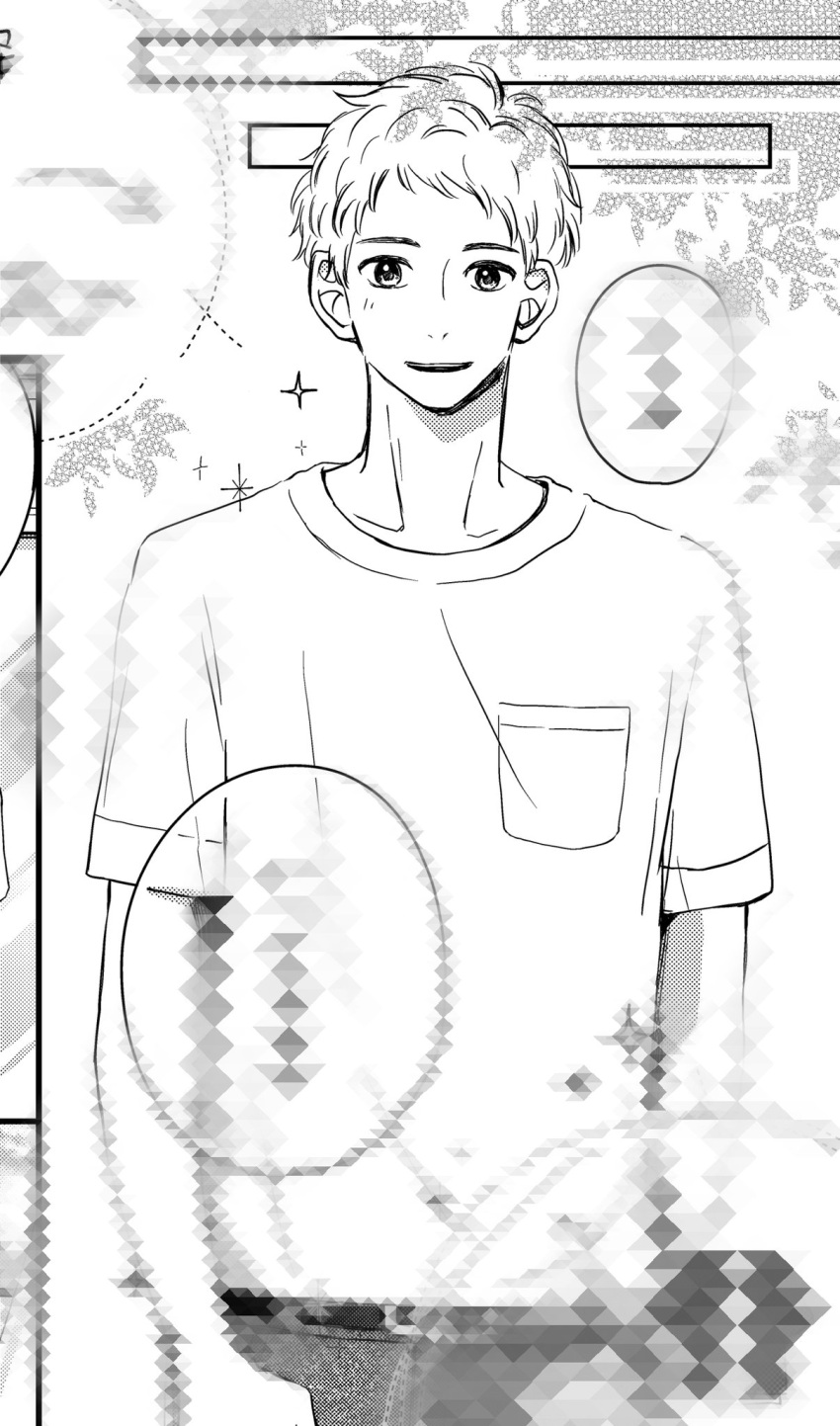 1boy arms_at_sides blurry breast_pocket collarbone diamond_(shape) dotted_line greyscale highres looking_at_viewer male_focus monochrome open_mouth original pants patterned_background pocket rectangle saitou_shiori_(pixiv14549321) screentones shirt short_bangs short_hair short_sleeves smile solo t-shirt teeth upper_body upper_teeth_only