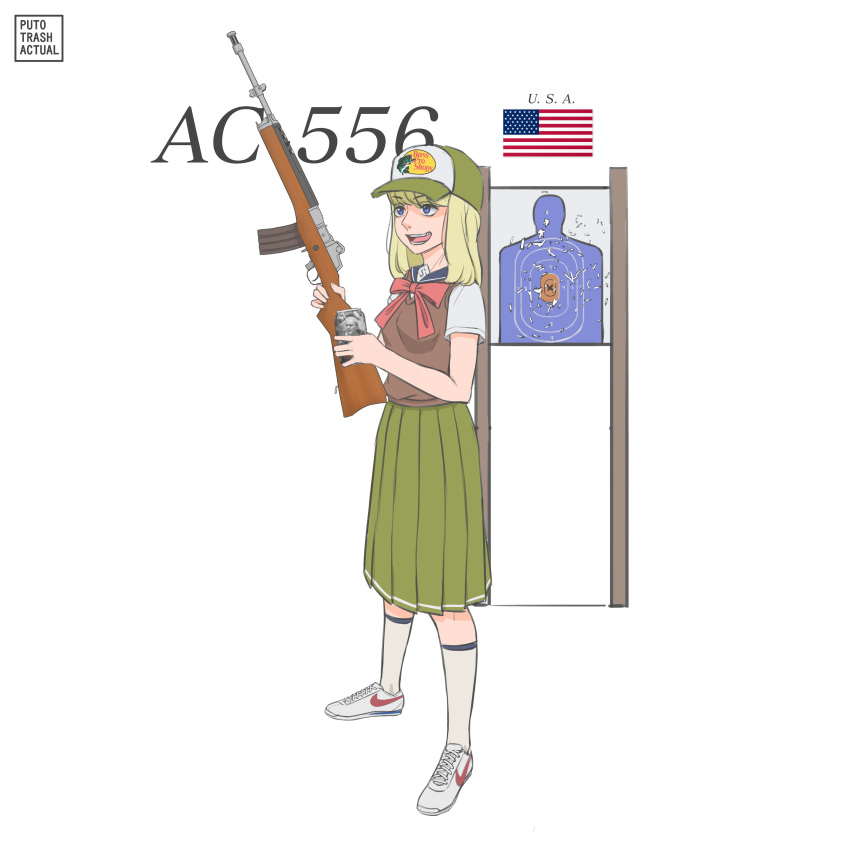 1girl absurdres american_flag artist_logo artist_name baseball_cap blonde_hair blue_eyes blue_sailor_collar blue_socks bow bowtie brown_sweater commentary commentary_request cross-laced_footwear english_commentary full_body green_headwear green_skirt gun hat highres holding holding_photo kneehighs logo looking_at_object medium_hair mixed-language_commentary nike open_mouth original photo_(object) pink_bow pink_bowtie place_name pleated_skirt print_headwear product_placement puto_trash rifle ruger_mini-14 sailor_collar shirt shoes simple_background single_stripe skirt socks solo standing striped sweater target_practice teeth tongue tongue_out two-tone_headwear two-tone_socks w weapon weapon_name white_background white_footwear white_headwear white_shirt white_socks white_stripes