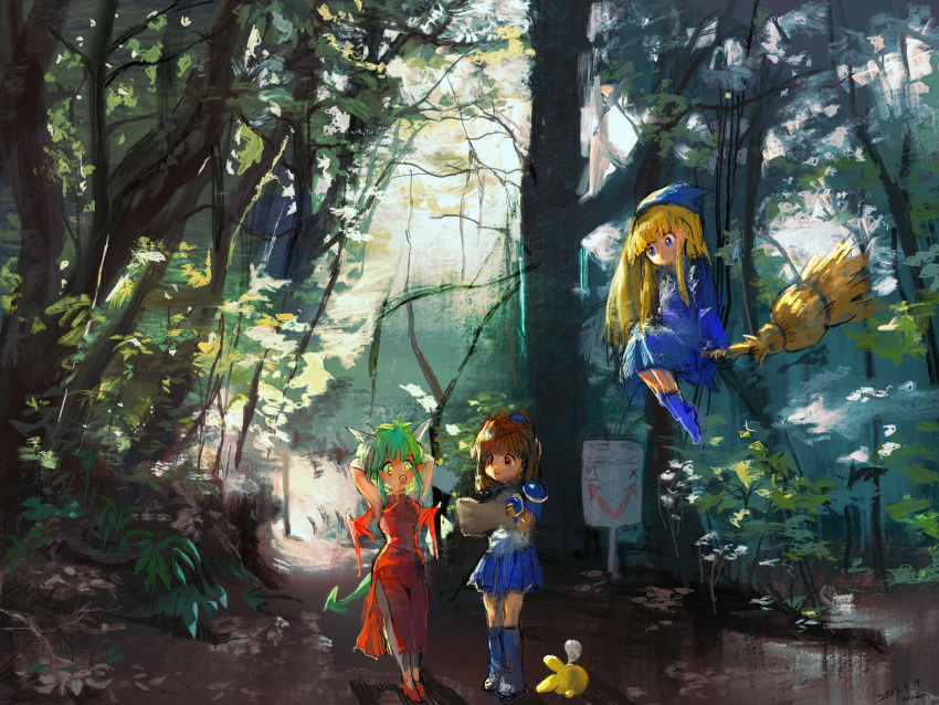 3girls arle_nadja armor blonde_hair blue_dress blue_eyes blue_footwear blue_headwear blue_skirt blue_wristband boots breastplate brown_eyes brown_hair carbuncle_(puyopuyo) draco_centauros dragon_girl dragon_tail dress forest gloves green_hair highres holding holding_map horns madou_monogatari map multiple_girls nature open_mouth outdoors pointy_ears puyopuyo red_dress red_footwear shirt shoulder_armor sidelocks sign signature skirt tail teeth tree upper_teeth_only white_gloves white_shirt witch_(puyopuyo) yellow_eyes yudeedamame_(zundamame)