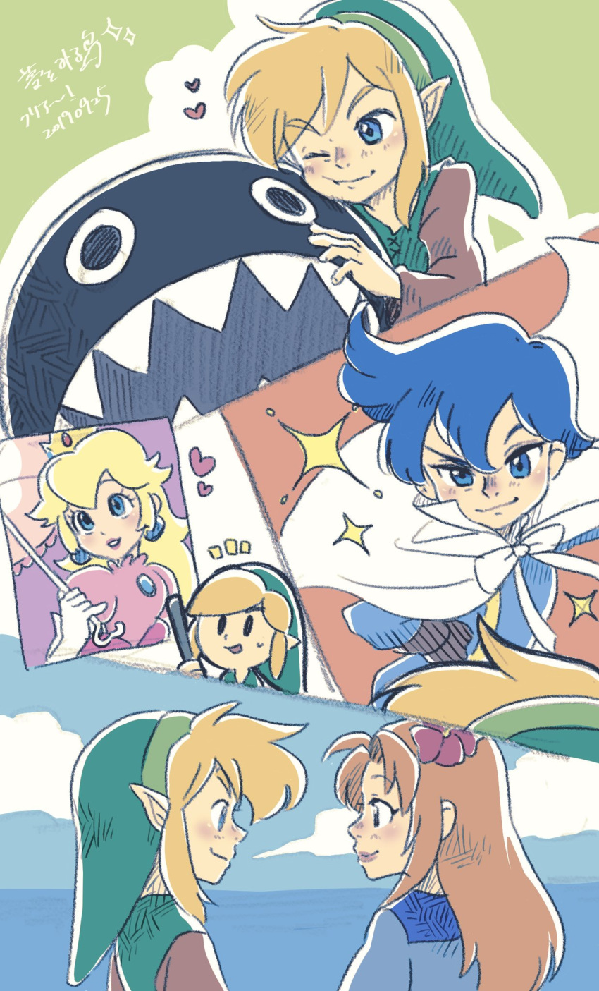 2boys 2girls :t black_eyes blonde_hair blue_dress blue_eyes blue_gemstone blue_hair blue_shirt blue_sky blush bow_wow_(link's_awakening) brooch brown_shirt cape chain_chomp cheek_press chibi chibi_inset closed_mouth clouds collared_cape commentary_request crossover dated day dress earrings elbow_gloves eye_contact flower from_behind gem gloves green_headwear hair_flower hair_ornament hand_on_another's_face hand_on_own_hip hand_up happy hat heart high_collar highres holding holding_umbrella horizon jewelry kaeru_no_tame_ni_kane_wa_naru link long_hair long_sleeves looking_at_another looking_at_viewer marin_(the_legend_of_zelda) multiple_boys multiple_girls multiple_views nose_blush notice_lines ocean one_eye_closed open_mouth orange_hair outdoors outline parasol parted_lips partial_commentary pink_dress pink_flower pink_lips pointy_ears prince_richard_(kaeru_no_tame_ni_kane_wa_naru) princess_peach profile puffy_short_sleeves puffy_sleeves sharp_teeth shirt short_hair short_sleeves sidelocks sky smile sparkle super_mario_bros. teeth the_legend_of_zelda translation_request ukata umbrella upper_body white_cape white_gloves white_outline