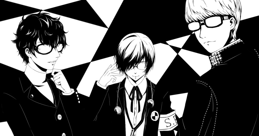 3boys amamiya_ren closed_mouth commentary_request glasses greyscale high_contrast jacket long_sleeves male_focus monochrome multiple_boys narukami_yuu parted_lips persona persona_3 persona_4 persona_5 shirt short_hair thtl two-tone_background upper_body yuuki_makoto