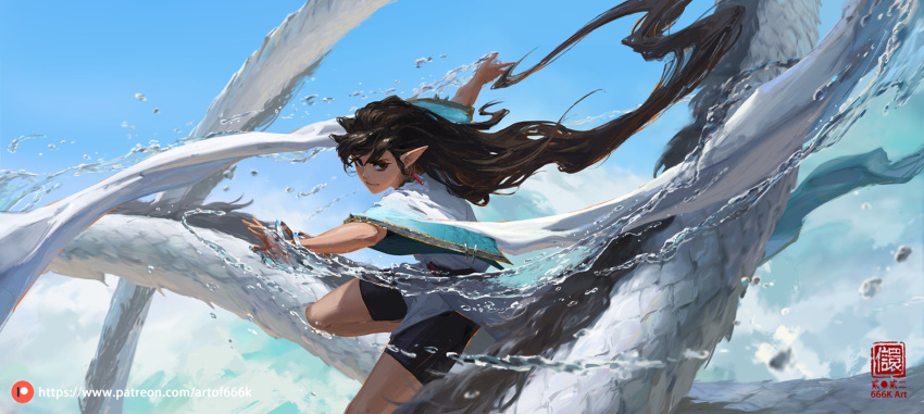1girl artist_name black_eyes blurry brown_hair commentary depth_of_field earrings english_commentary highres hydrokinesis jewelry kan_liu_(666k) liquid long_hair original outstretched_arms patreon_username pointy_ears short_sleeves shorts smile solo very_long_hair water web_address wide_sleeves