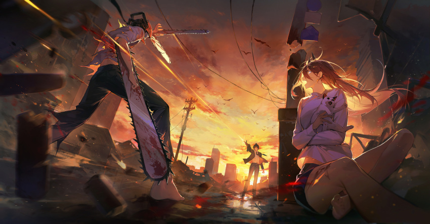 1girl 2boys absurdres assault_rifle barefoot black_jacket black_necktie black_pants blood blood_on_weapon blood_spray blurry blurry_foreground cat chainsaw chainsaw_man collared_shirt debris denji_(chainsaw_man) destruction evening firing foreshortening formal gun gun_devil_(chainsaw_man) hayakawa_aki hidor highres horns jacket looking_at_another meowy_(chainsaw_man) multiple_boys necktie open_mouth pants power_(chainsaw_man) red_horns rifle rubble sharp_teeth shirt shirt_tucked_in spoilers suit suit_jacket teeth utility_pole weapon white_cat white_shirt