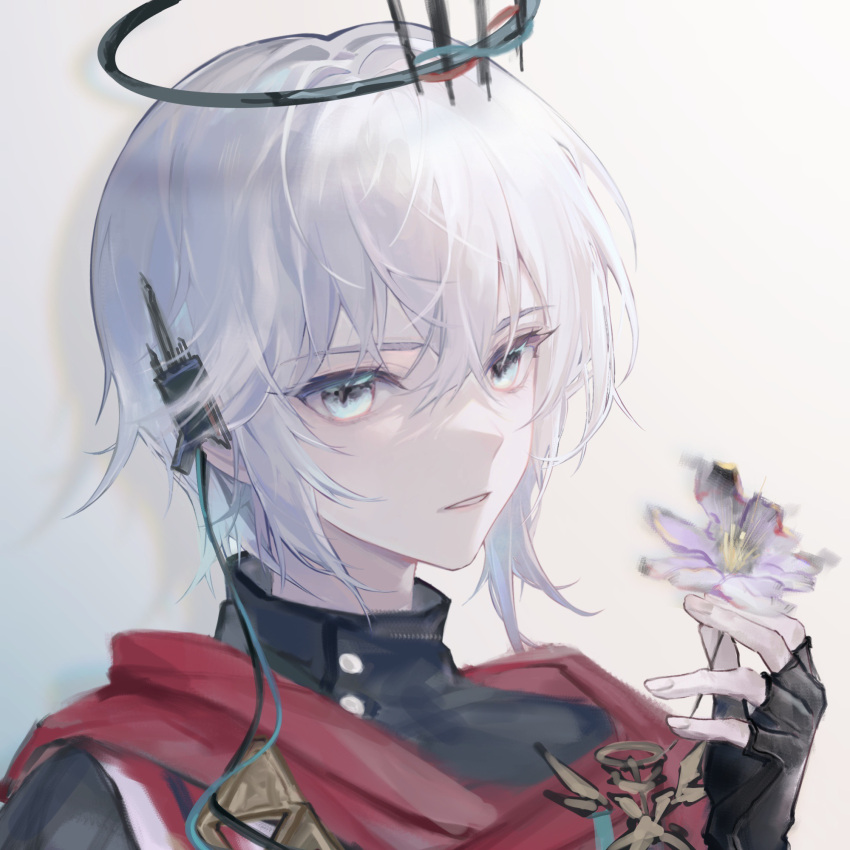 1boy arknights black_gloves blue_eyes commentary_request executor_(arknights) executor_the_ex_foedere_(arknights) fingerless_gloves flower gloves grainear grey_background hair_between_eyes halo hand_up highres holding holding_flower looking_at_viewer male_focus parted_lips purple_flower simple_background solo white_hair
