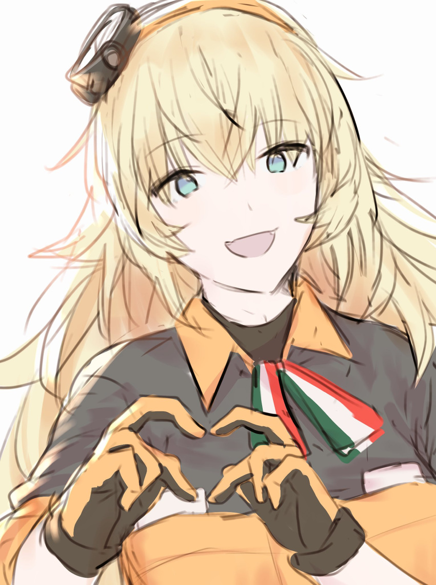 1girl aqua_eyes black_shirt blonde_hair blue_eyes cardigan collared_shirt commentary_request girls_frontline gloves hair_ornament hairband happy heart heart_hands highres italian_flag italian_flag_print long_hair looking_at_viewer multicolored_clothes open_mouth orange_cardigan orange_hairband print_ribbon ribbon s.a.t.8_(girls'_frontline) shake_(hungrycurry55) shirt smile solo two-tone_gloves wavy_hair white_background
