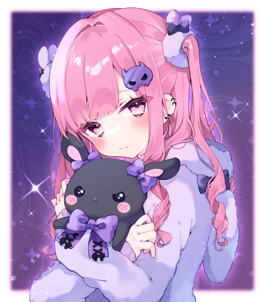 1girl animal_hood beni_0214 blush commentary copyright_request ear_piercing highres hood hoodie long_hair piercing pink_eyes pink_hair rabbit_hood solo stuffed_toy symbol-only_commentary two_side_up wavy_hair