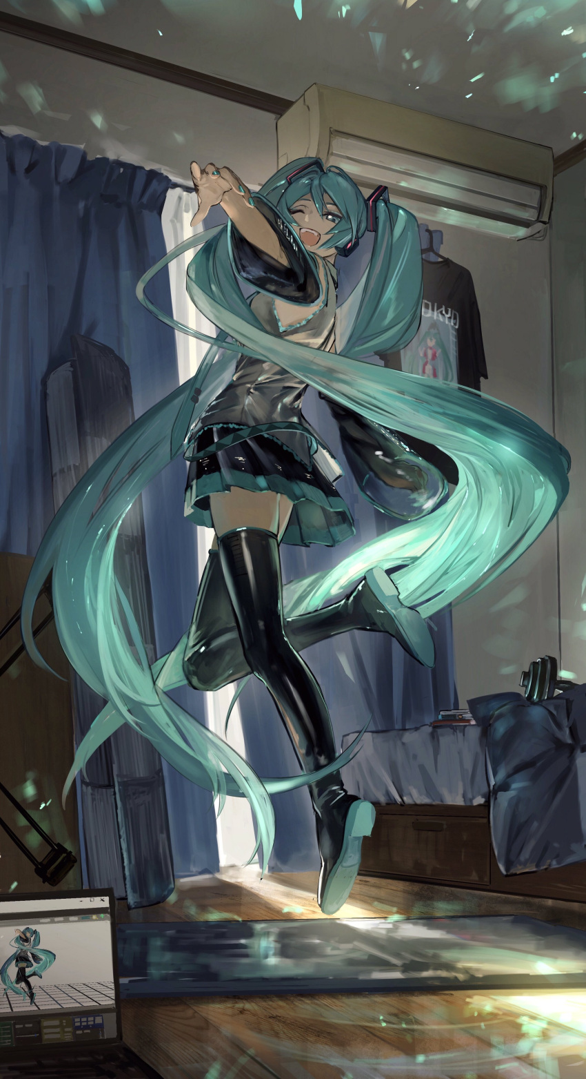 1girl absurdres air_conditioner aqua_eyes aqua_hair aqua_nails aqua_necktie bed black_footwear black_skirt black_sleeves boots computer crack_of_light curtains day detached_sleeves dumbbell floating floating_hair full_body grey_shirt hair_ornament hataya hatsune_miku headphones highres indoors laptop leg_up long_hair long_sleeves looking_at_viewer miniskirt nail_polish necktie one_eye_closed open_mouth outstretched_arms pleated_skirt shirt shirt_removed skirt sleeveless sleeveless_shirt smile solo spread_arms teeth thigh_boots twintails upper_teeth_only very_long_hair vocaloid