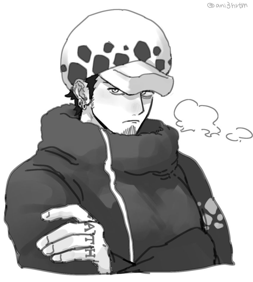 1boy ani3nrtm black_hair breath closed_mouth coat crossed_arms earrings facial_hair finger_tattoo greyscale hat high_collar highres jewelry long_sleeves male_focus monochrome official_alternate_costume one_piece short_hair simple_background solo spots tattoo trafalgar_law twitter_username white_background winter_clothes winter_coat