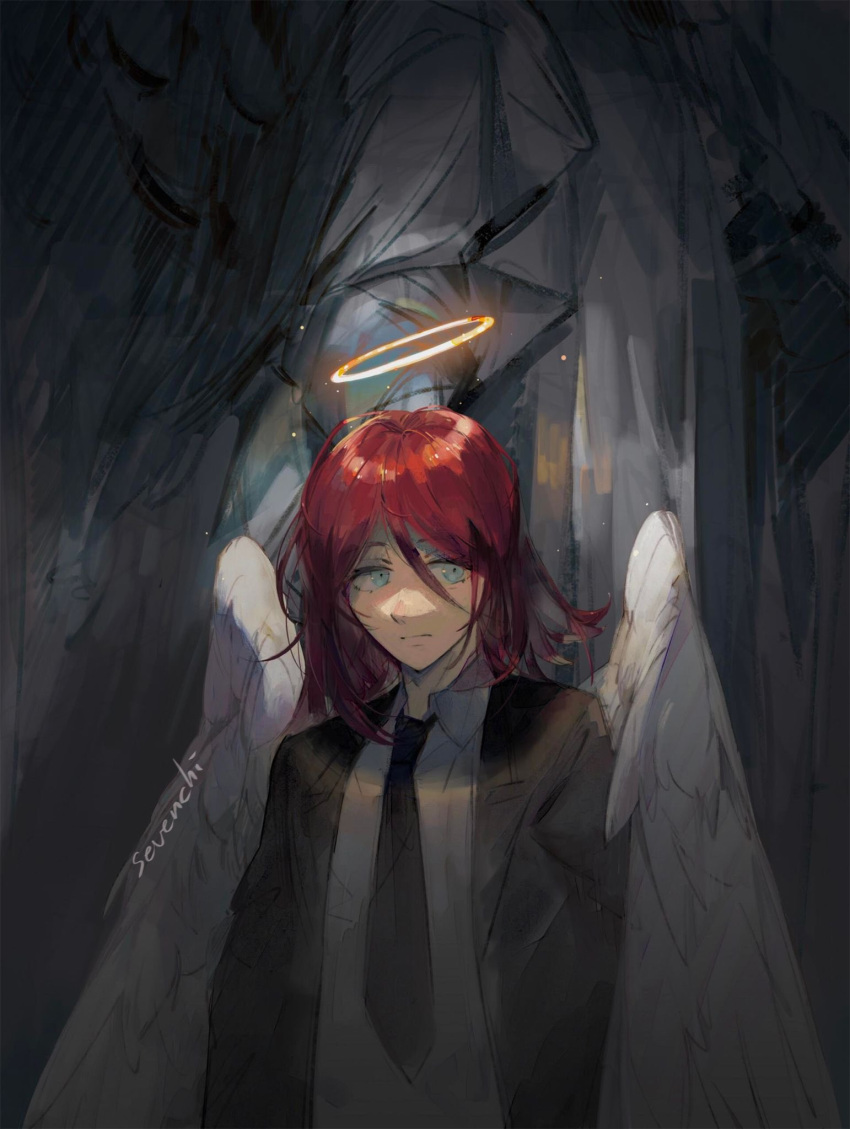 1boy angel angel_devil_(chainsaw_man) angel_wings artist_name black_jacket black_necktie blue_eyes brown_hair chainsaw_man collared_shirt dark feathered_wings formal hair_between_eyes halo highres jacket long_hair looking_to_the_side necktie sevenchi shirt solo suit suit_jacket white_shirt white_wings wings