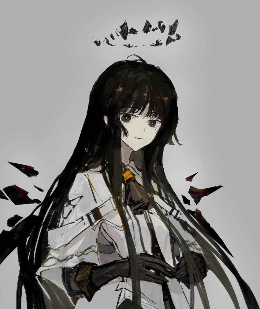 1girl arknights arturia_(arknights) black_eyes black_gloves black_hair closed_mouth commentary_request freja678 gloves grey_background highres jacket layered_sleeves long_hair long_sleeves looking_at_viewer mole mole_under_eye short_over_long_sleeves short_sleeves simple_background smile solo upper_body very_long_hair white_jacket