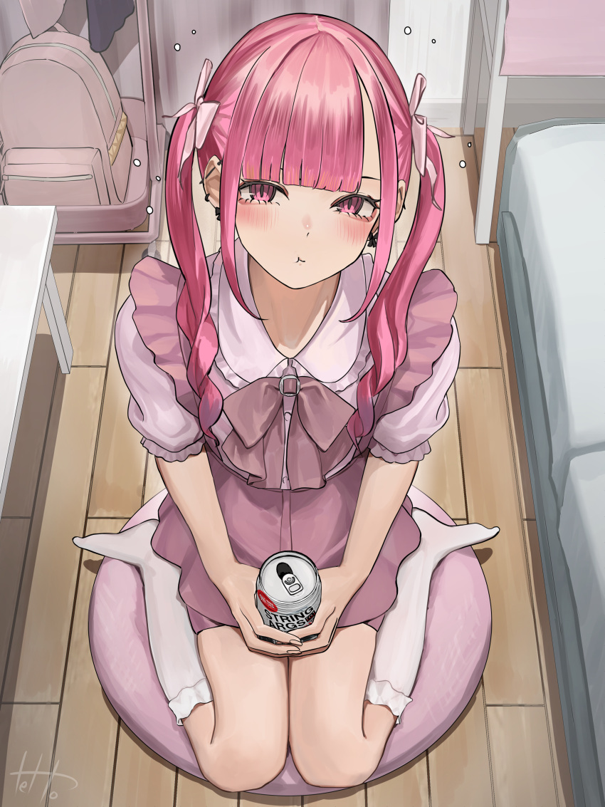 1girl absurdres backpack backpack_removed bag blunt_bangs blush bow can eyebrows_hidden_by_hair fingernails from_above hair_bow highres hinamizawa_hinami holding holding_can indoors jirai_kei no_shoes original pink_eyes pink_hair pout short_sleeves shorts sitting skirt socks solo tetto_(onnoveltet) twintails wariza white_socks wooden_floor