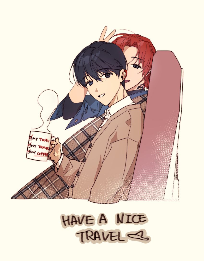 2boys black_eyes black_hair brown_cardigan cardigan collared_shirt commentary_request cup english_text eoduun_badaui_deungbul-i_doeeo hair_between_eyes highres holding holding_cup kim_jaehee korean_commentary long_sleeves looking_at_viewer male_focus mug multiple_boys open_mouth park_moo-hyun redhead shimma_0531 shirt short_hair simple_background smile steam upper_body v