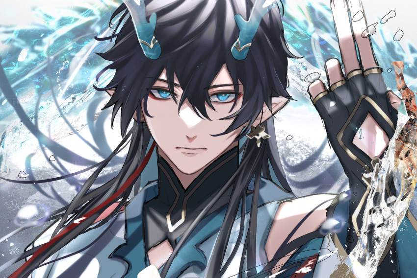1boy absurdres bare_shoulders black_hair chinese_clothes closed_mouth dan_heng_(honkai:_star_rail) derivative_work detached_sleeves dragon_horns earrings fingerless_gloves gloves green_eyes hair_between_eyes highres honkai:_star_rail honkai_(series) horns jewelry long_hair looking_at_viewer makeup male_focus pointy_ears solo spoilers upper_body water yanissxx