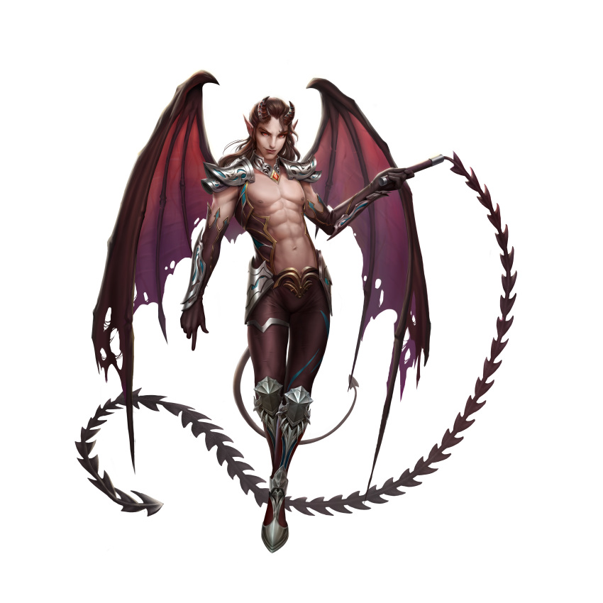 1boy abs absurdres armored_boots armored_gloves bare_shoulders bat_wings bishounen bloodline_heroes_of_lithas bodysuit brown_hair closed_mouth collar demon demon_boy demon_tail demon_wings elbow_gloves eyelashes eyeliner fantasy faulds game_cg game_model gloves gnassag goat_games hair_slicked_back highres hips holding holding_weapon holding_whip horns incubus jewelry leather_gloves leather_suit lilin lips long_hair looking_at_viewer male_focus metal_collar navel nipples official_art open_bodysuit pauldrons pecs pointing pointing_down pointy_ears realistic red_eyes revealing_clothes solo stomach tail the_luxuriant thigh_strap thighs torn_wings transparent_background veins wavy_hair whip