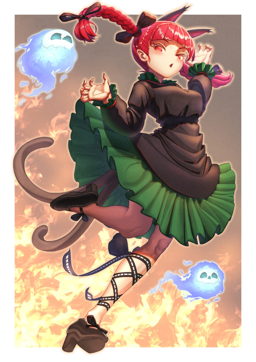 1girl animal_ears arms_up black_bow blunt_bangs bow braid breasts cat_ears cat_tail commentary creape dress extra_ears eyelashes fire floating_hair floating_skull footwear_bow full_body grey_dress hair_bow hair_ribbon high_heels highres hitodama kaenbyou_rin large_breasts leg_up long_hair multiple_tails nekomata no_socks outer_glow parted_lips petticoat red_eyes redhead ribbon simple_background solo tail touhou tress_ribbon tsurime twin_braids two_tails v-shaped_eyebrows