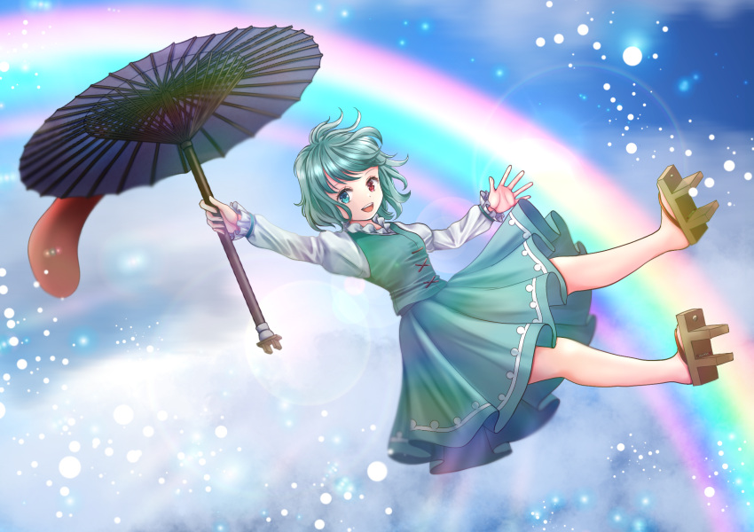 1girl blue_eyes blue_hair blue_skirt blue_vest brown_footwear commentary_request cross-laced_clothes full_body geta heterochromia highres holding holding_umbrella kyabekko light_particles looking_at_viewer oil-paper_umbrella open_mouth outdoors rainbow red_eyes shirt short_hair skirt solo tatara_kogasa touhou umbrella vest white_shirt
