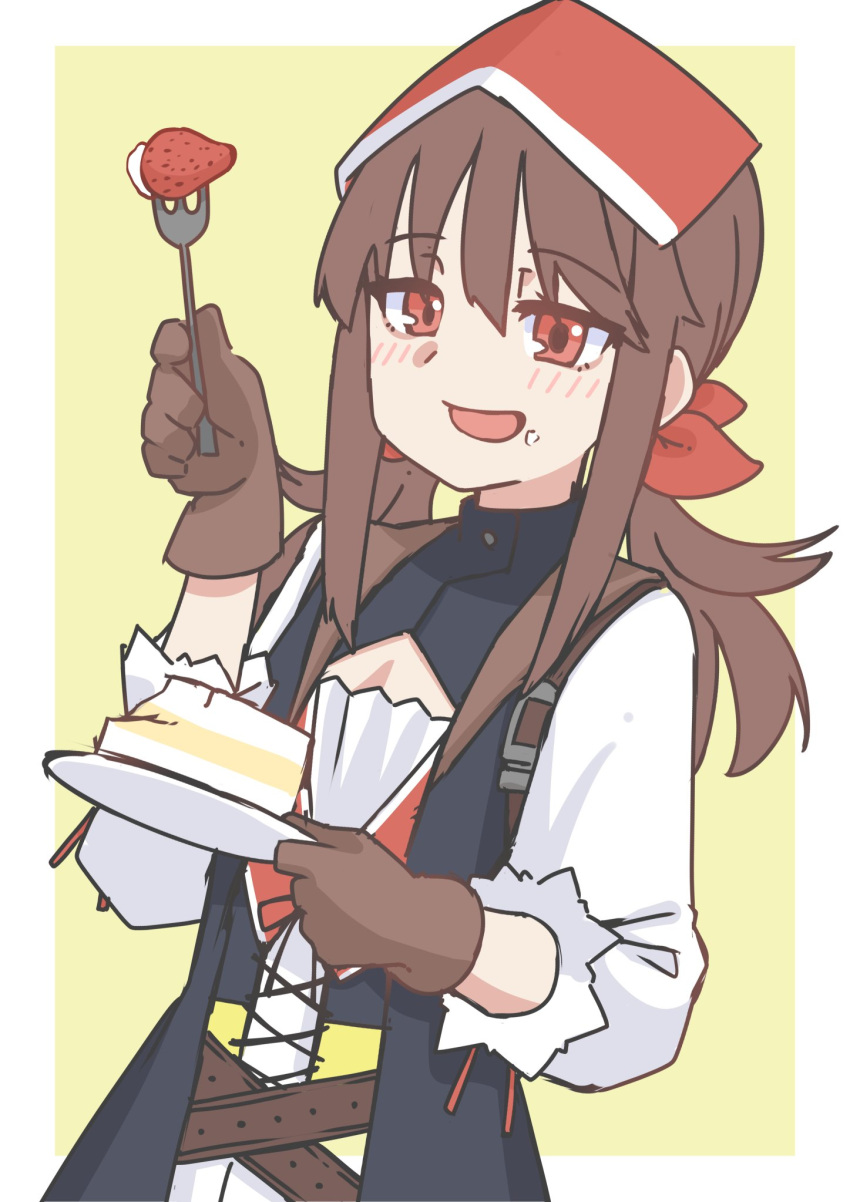 1girl brown_gloves brown_hair cake cleavage_cutout clothing_cutout commentary_request falcon_(girls'_frontline) food food_on_face fork fruit girls_frontline gloves highres holding holding_fork holding_plate long_hair looking_at_viewer mojamozanari open_mouth plate red_eyes sidelocks simple_background smile solo strawberry twintails upper_body yellow_background