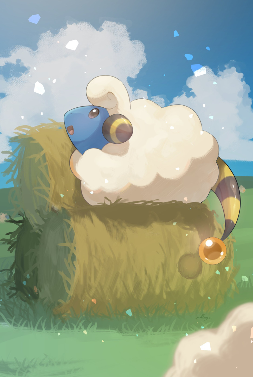 absurdres blue_sky clouds grass hay_bale highres no_humans nullma open_mouth outdoors pokemon pokemon_(creature) sitting sky solo