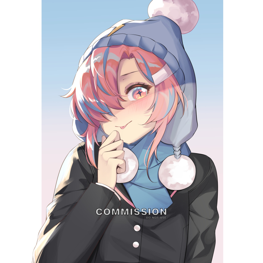 1girl absurdres alte_27 alternate_costume beanie blue_hair blue_scarf blush commission girls'_frontline_neural_cloud girls_frontline gradient_background hair_over_one_eye hand_to_own_face hat highres jacket looking_at_viewer mai_(girls'_frontline_nc) multicolored_hair pink_eyes pink_hair scarf smile solo star-shaped_pupils star_(symbol) symbol-shaped_pupils tongue tongue_out upper_body
