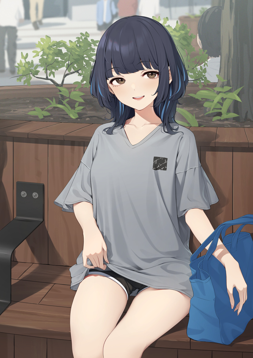 1boy 1girl 4others bag black_hair black_shorts blue_hair brown_eyes collarbone feet_out_of_frame fingernails grey_shirt highres kanpa_(campagne_9) looking_at_viewer multiple_others open_mouth original outdoors shirt short_hair short_sleeves shorts sitting smile solo_focus tree