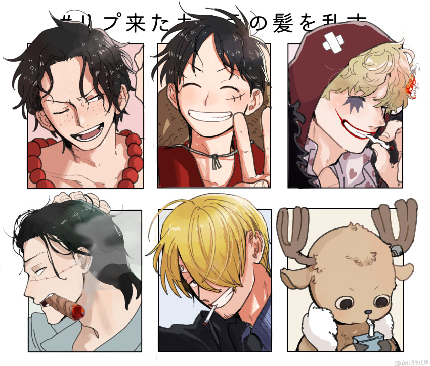 6+boys ^_^ ani3nrtm antlers bandaid bandaid_on_head bead_necklace beads black_eyes black_hair blonde_hair cigar cigarette closed_eyes crocodile_(one_piece) donquixote_rocinante drink drinking formal from_side grin hair_over_one_eye hair_slicked_back highres holding holding_drink hood hood_up jewelry makeup male_focus monkey_d._luffy multiple_boys multiple_drawing_challenge necklace one_piece parted_bangs portgas_d._ace red_hood reindeer reindeer_antlers sanji_(one_piece) scar scar_on_face six_fanarts_challenge smile smoke smoking suit tony_tony_chopper towel towel_around_neck v