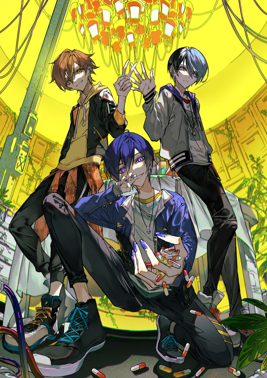 3boys :| absurdres ahoge aoyagi_touya black_footwear black_hair black_pants blue_eyes blue_hair blue_jacket cabinet chandelier closed_mouth clothes_around_waist crazy_smile drawstring expressionless foreshortening from_below grey_jacket grin hair_between_eyes hand_to_own_face head_tilt highres holding_pill hood hood_down hooded_jacket hoodie indoors jacket jacket_around_waist jewelry kaito_(vocaloid) knee_up long_sleeves looking_at_viewer male_focus multicolored_hair multiple_boys mura_karuki nail_polish open_clothes open_hand open_jacket open_mouth orange_eyes orange_hair orange_jacket pants pendant pill plant print_shirt project_sekai purple_hair purple_nails shinonome_akito shirt shoes short_hair sidelocks smile sneakers teeth two-tone_hair utility_pole v violet_eyes vivid_bad_squad_kaito vocaloid white_shirt yellow_hoodie
