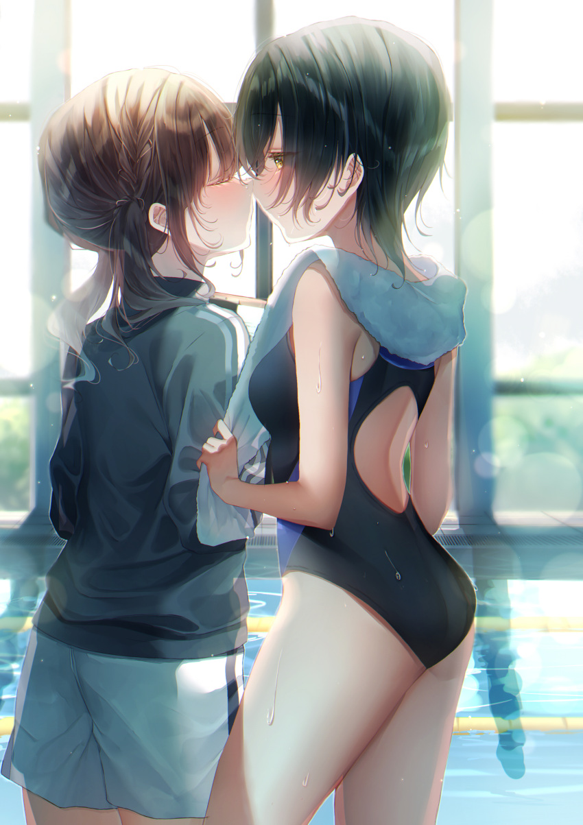 2girls absurdres bare_legs black_hair brown_hair competition_swimsuit height_difference highres imminent_kiss legs low_twintails multiple_girls one-piece_swimsuit original pool poolside swimsuit touki_matsuri twintails water wet wet_clothes wet_swimsuit yuri