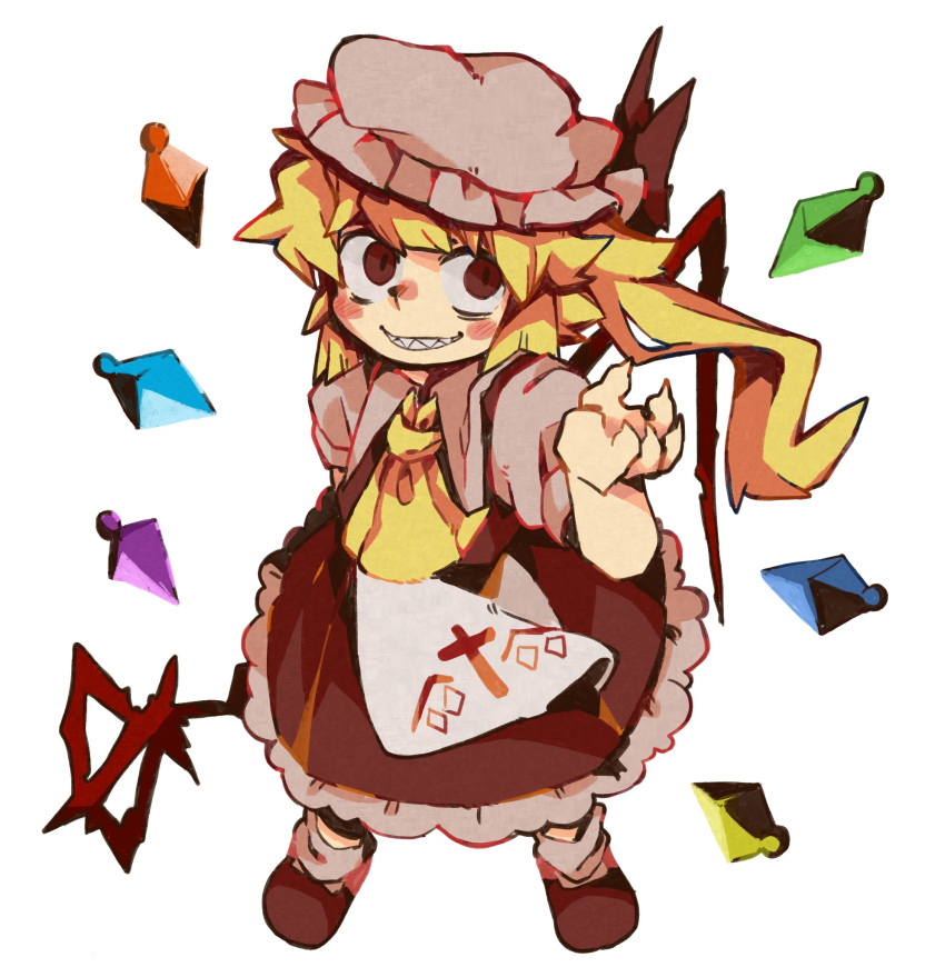1girl ascot blonde_hair blush_stickers bow crystal ezier flandre_scarlet frilled_skirt frills grin hat hat_bow highres laevatein_(touhou) mob_cap red_bow red_eyes red_footwear red_shirt red_skirt sharp_teeth shirt side_ponytail skirt smile solo standing teeth touhou yellow_ascot