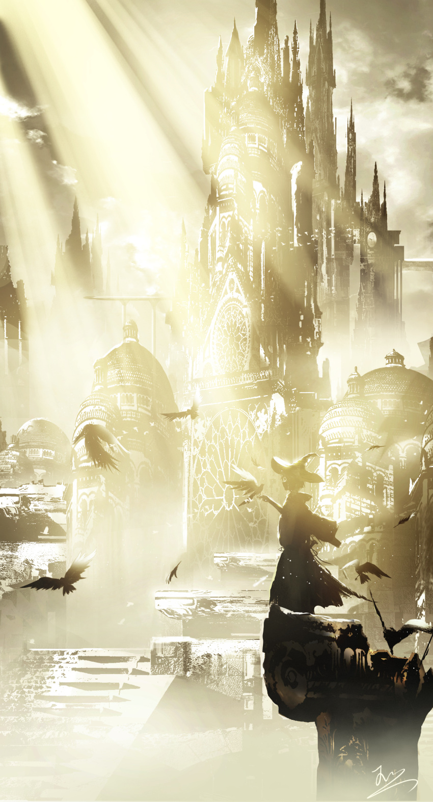 1girl absurdres architecture bird city cityscape clouds crow day dome fantasy from_side full_body highres ledge light_rays looking_ahead original outdoors scenery signature skyrick9413 solo spire stairs standing