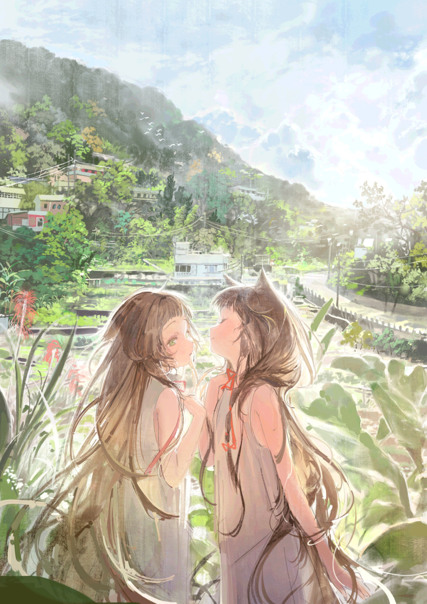2girls absurdres animal_ears blunt_bangs brown_hair cat_ears closed_mouth clouds cloudy_sky day dress female_child from_side grey_dress highres kurikabacha leaf long_hair mountain multiple_girls neck_ribbon oil_painting_(medium) original outdoors painting_(medium) red_ribbon ribbon rural scenery sidelocks sky traditional_media