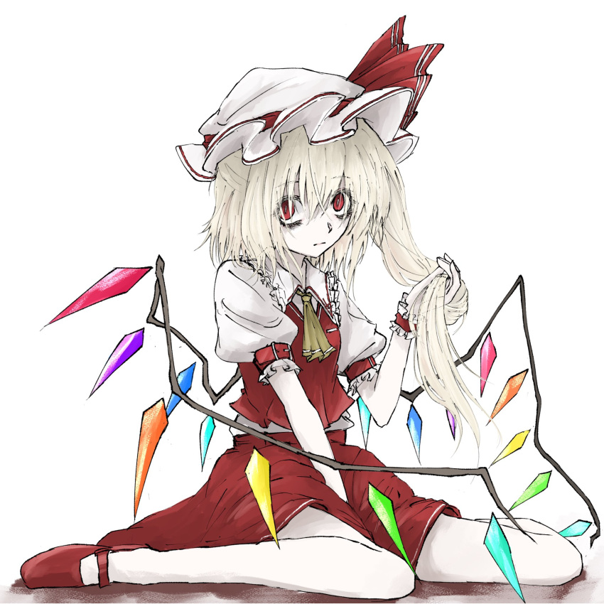 1girl aizettonagi arm_belt ascot between_legs bow closed_mouth collar collared_shirt crystal eyes_visible_through_hair flandre_scarlet frilled_collar frills full_body hand_between_legs hat hat_bow highres looking_at_viewer mary_janes medium_hair mob_cap one_side_up pale_skin playing_with_own_hair puffy_short_sleeves puffy_sleeves red_bow red_eyes red_skirt red_vest shirt shoes short_sleeves sitting skirt skirt_set slit_pupils solo touhou vest wariza white_background white_headwear white_shirt wings wrist_cuffs yellow_ascot