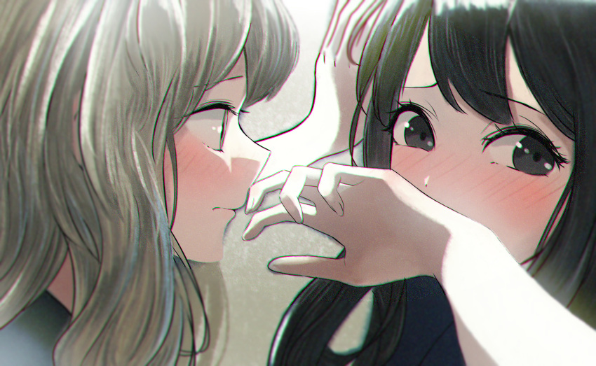 2girls absurdres after_kiss against_wall arisugawa_bii assertive_female black_hair blonde_hair blush covering_mouth hand_on_wall hand_over_own_mouth highres kabedon looking_at_another multiple_girls original wall yuri