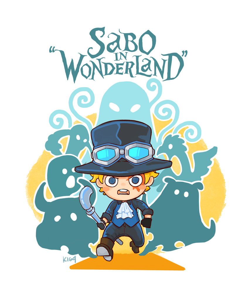 6+boys artist_name ascot black_gloves blonde_hair blue_eyes blue_shirt character_name chibi curly_hair eldritch_abomination english_text fleeing gloves goggles goggles_on_head hat highres im_(one_piece) k164 medium_hair multiple_boys one_piece open_mouth sabo_(one_piece) scar scar_across_eye shadow shirt simple_background teeth toon_(style) top_hat white_ascot white_background
