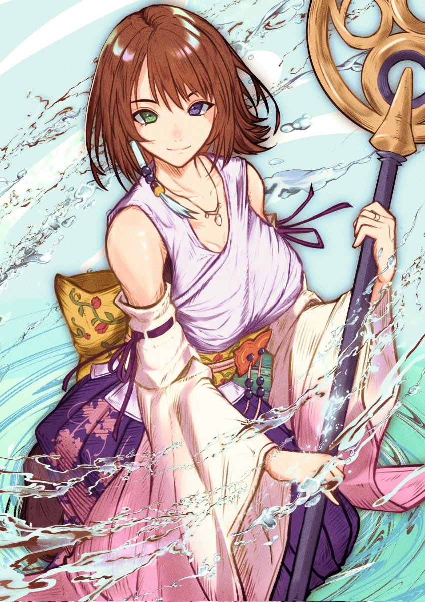 1girl back_bow bare_shoulders beads black_bra boots bow bra breasts brown_footwear detached_sleeves final_fantasy final_fantasy_x green_eyes hair_beads hair_ornament heterochromia highres holding holding_staff japanese_clothes jewelry kneeling large_breasts long_skirt long_sleeves looking_at_viewer medium_hair necklace nontraditional_miko obi pleated_skirt purple_skirt ring sash shirt skirt smile solo staff temoc underwear violet_eyes water white_shirt white_sleeves wide_sleeves yuna_(ff10)