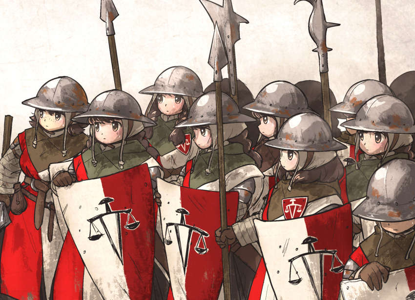 6+girls balance_scale_print breasts brown_eyes brown_hair commentary english_commentary freckles from_side glaive_(polearm) gradient_background grey_background helmet highres holding holding_polearm holding_shield holding_weapon ironlily kettle_helm large_breasts long_hair medium_hair multiple_girls ordo_mediare_sisters_(ironlily) outdoors planted polearm pouch shield shiny_clothes spear surcoat sword_print weapon