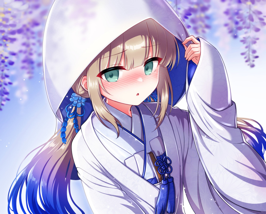 1boy alternate_costume blonde_hair blush captain_nemo_(fate) commentary crossdressing dress fate/grand_order fate_(series) flower green_eyes hair_ornament highres hood hood_up japanese_clothes kimono looking_at_viewer male_focus nemo_(fate) open_mouth shell_ocean solo uchikake wedding_dress white_dress white_kimono